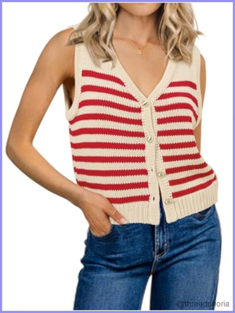 Striped Sleeveless Sweater Vest V-Neck Button Down Ribbed Knit Top